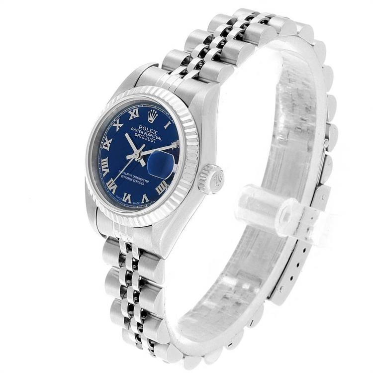 Pre Owned Rolex Blue 18K White Gold and Stainless Steel Datejust 79174 Women's Wristwatch 26MM