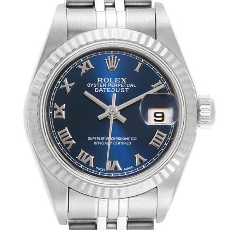 Pre Owned Rolex Blue 18K White Gold and Stainless Steel Datejust 79174 Women's Wristwatch 26MM