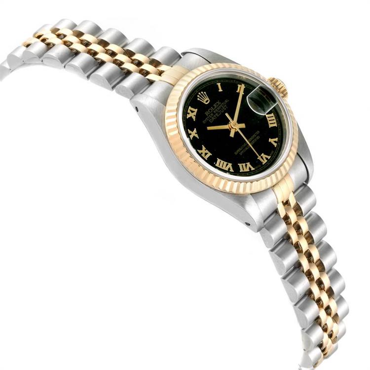 Pre Owned Rolex Black Pyramid 18K Yellow Gold and Stainless Steel Datejust 69173 Women's Wristwatch 26MM