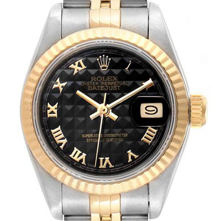 Pre Owned Rolex Black Pyramid 18K Yellow Gold and Stainless Steel Datejust 69173 Women's Wristwatch 26MM