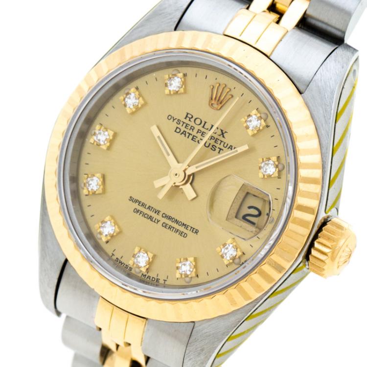 Pre Owned Rolex Gold Stainless Steel 18K Yellow Gold Diamond Datejust 69173 Women's Wristwatch 26 mm