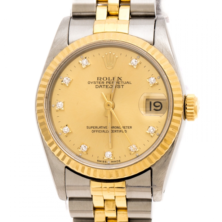 Pre Owned Rolex Gold 18K Yellow Gold Stainless Steel Diamonds Datejust 68273 Women's Wristwatch 31 mm