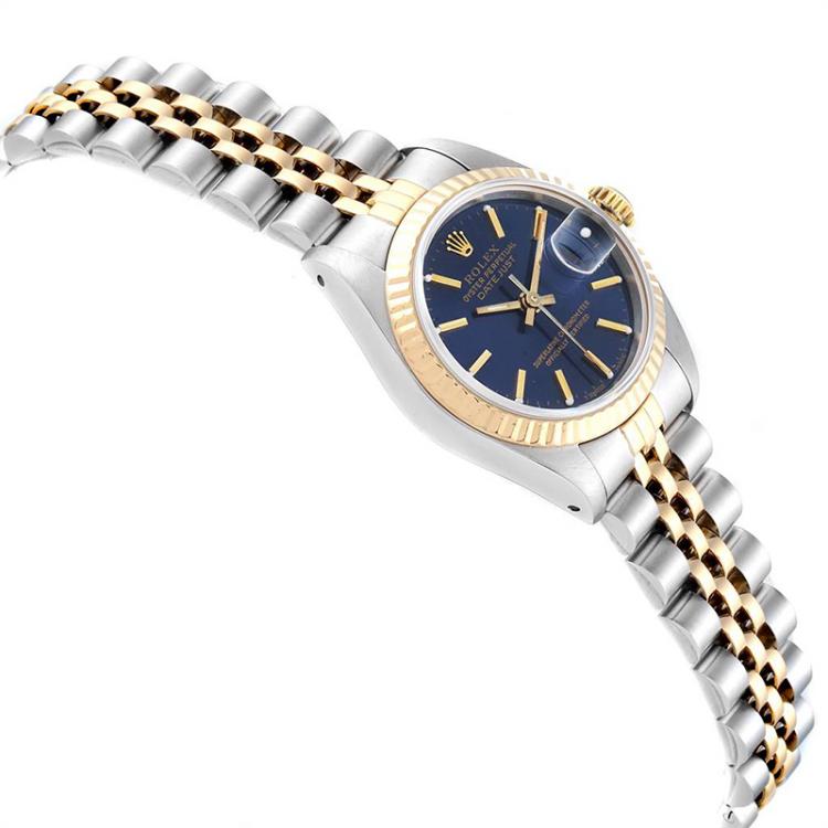 Pre Owned Rolex Blue 18K Yellow Gold Stainless Steel Datejust 69173 Women's Wristwatch 26 MM