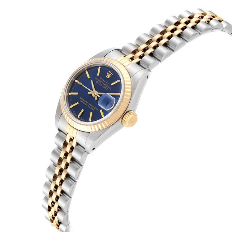 Pre Owned Rolex Blue 18K Yellow Gold Stainless Steel Datejust 69173 Women's Wristwatch 26 MM