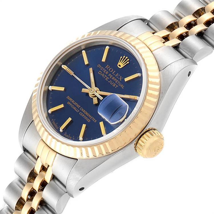 Pre Owned Rolex Blue 18K Yellow Gold Stainless Steel Datejust 69173 Women's Wristwatch 26 MM