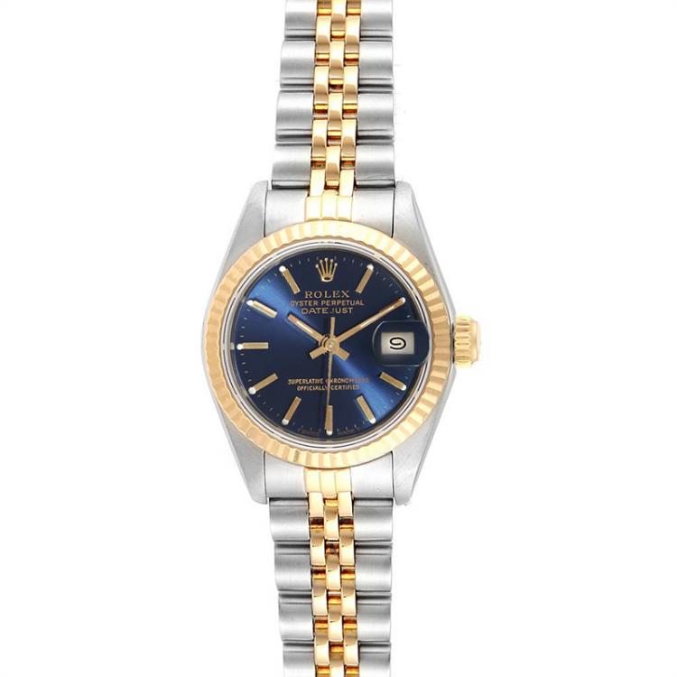 Pre Owned Rolex Blue 18K Yellow Gold Stainless Steel Datejust 69173 Women's Wristwatch 26 MM