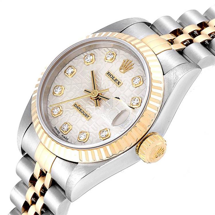 Pre Owned Rolex Silver Diamond 18K Yellow Gold and Stainless Steel Datejust 69173 Women's Wristwatch 26MM