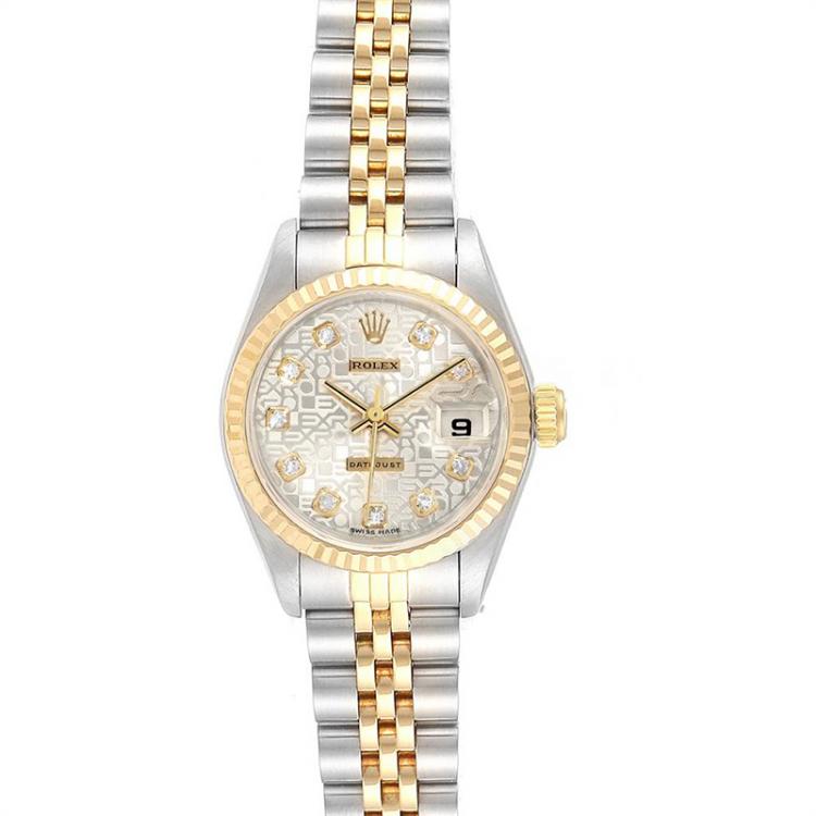 Pre Owned Rolex Silver Diamond 18K Yellow Gold and Stainless Steel Datejust 69173 Women's Wristwatch 26MM