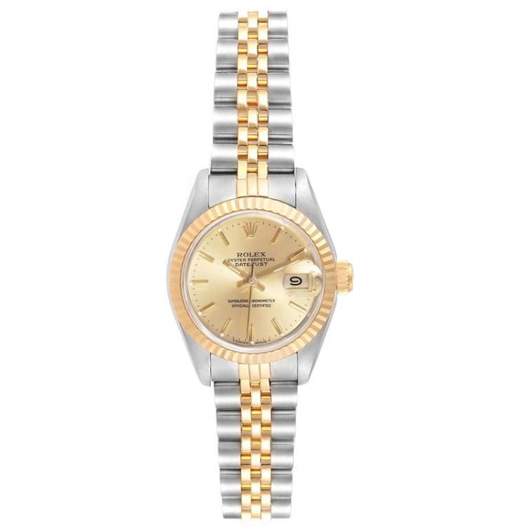 مملوكة مسبقًا Rolex Champagne 18K Yellow Gold and Stainless Steel Datejust 69173 Women's Wristwatch 26MM