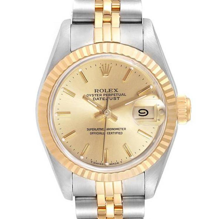 مملوكة مسبقًا Rolex Champagne 18K Yellow Gold and Stainless Steel Datejust 69173 Women's Wristwatch 26MM
