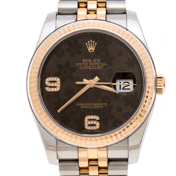 Pre Owned Rolex   Brown Floral Dial Stainless Steel 18K Rose Gold Oyster Perpetual Datejust 36 Women's Wristwatch 36 mm