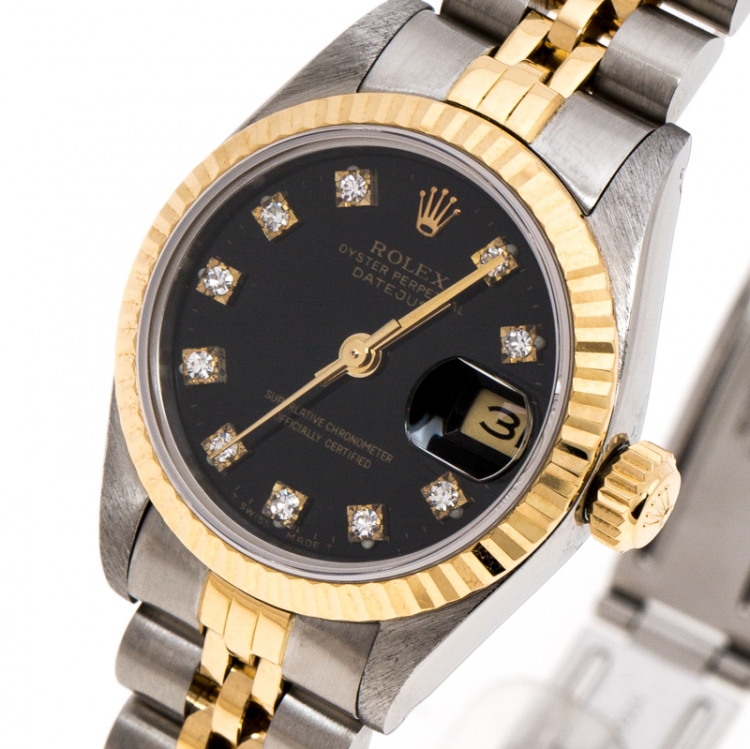 Pre Owned Rolex Black 18K Yellow Gold Stainless Steel Diamonds Datejust 69173 Women's Wristwatch 26 mm