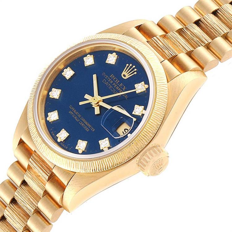 Pre Owned Rolex Blue 18K Yellow Gold and Diamond President Datejust 69278 Women's Wristwatch 26MM