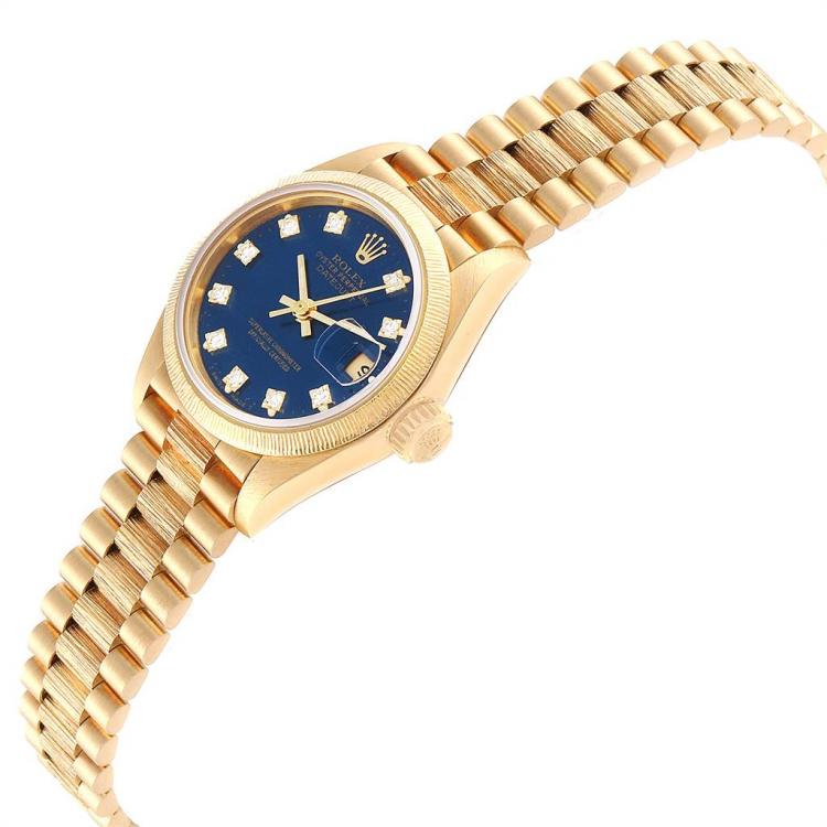 Pre Owned Rolex Blue 18K Yellow Gold and Diamond President Datejust 69278 Women's Wristwatch 26MM