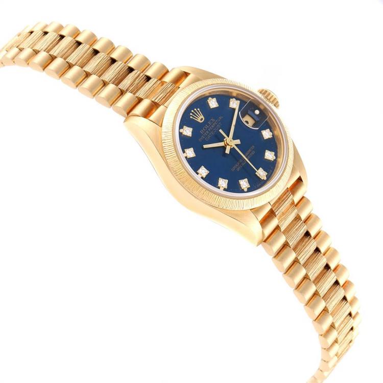 Pre Owned Rolex Blue 18K Yellow Gold and Diamond President Datejust 69278 Women's Wristwatch 26MM