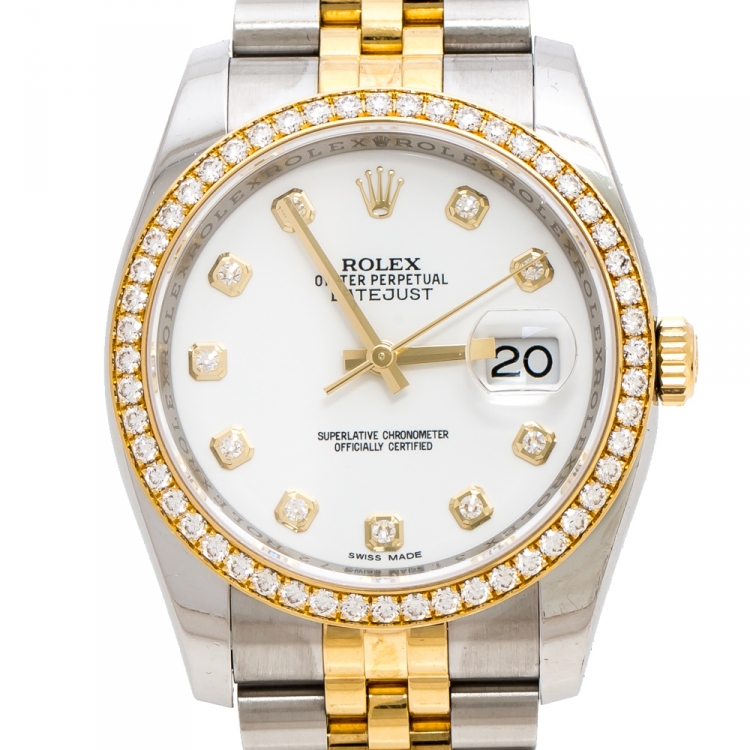 مملوكة مسبقًا Rolex White 18K Yellow Gold Stainless Steel Diamond Datejust 116243 Men's Wristwatch 36 mm