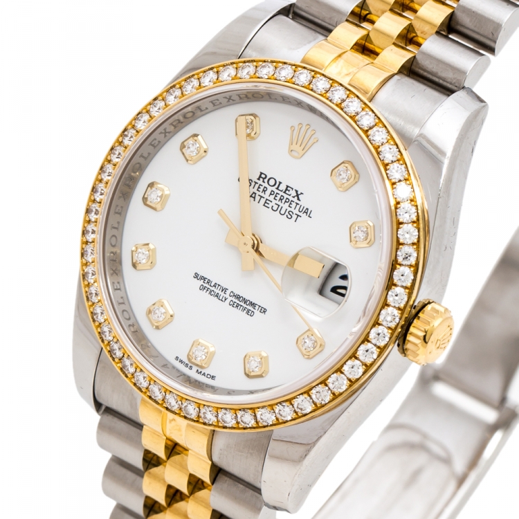 مملوكة مسبقًا Rolex White 18K Yellow Gold Stainless Steel Diamond Datejust 116243 Men's Wristwatch 36 mm