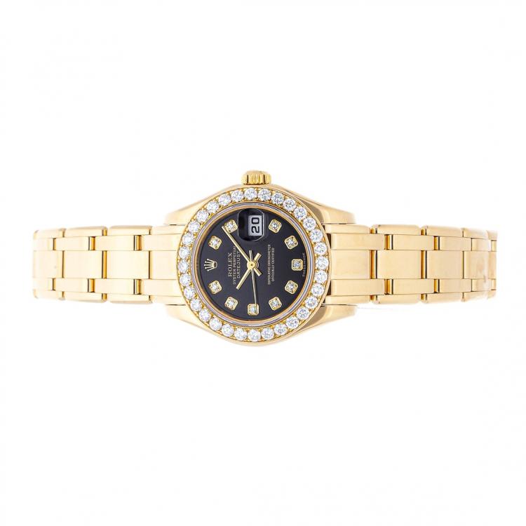 Pre Owned Rolex Black Diamonds 18K Yellow Gold Datejust 80298 Women's Wristwatch 29 MM