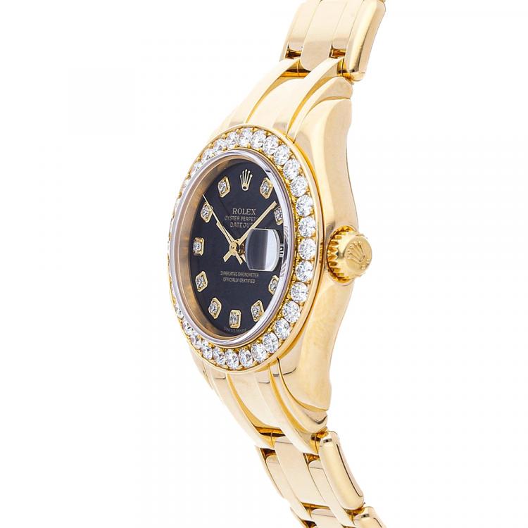 Pre Owned Rolex Black Diamonds 18K Yellow Gold Datejust 80298 Women's Wristwatch 29 MM