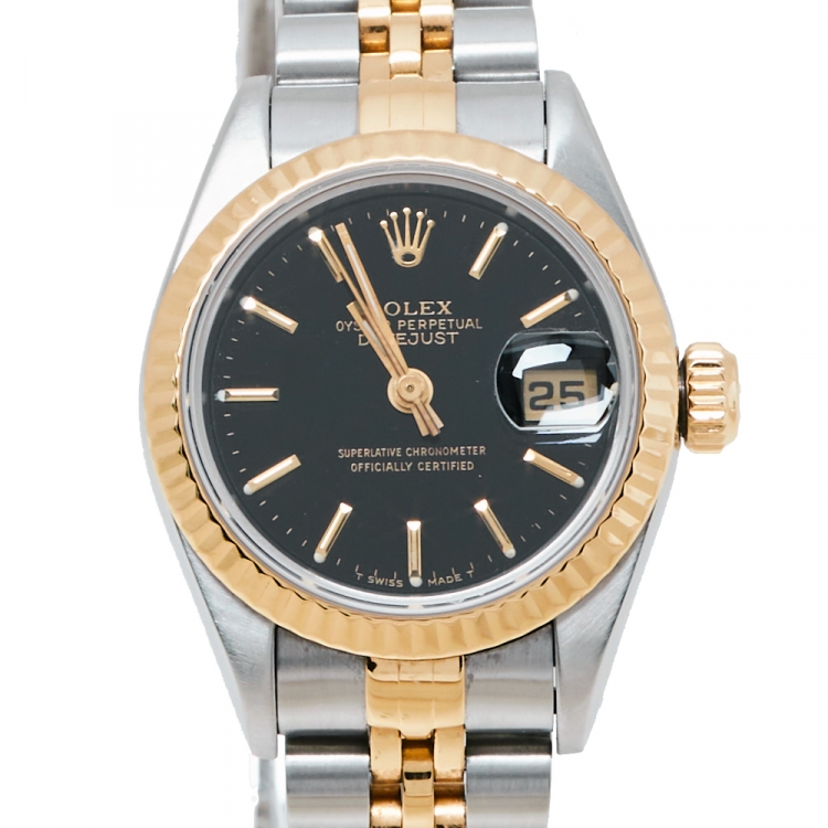 مملوكة مسبقًا Rolex Black 18K Yellow Gold Stainless Steel Datejust 69173 Women's Wristwatch 26 mm