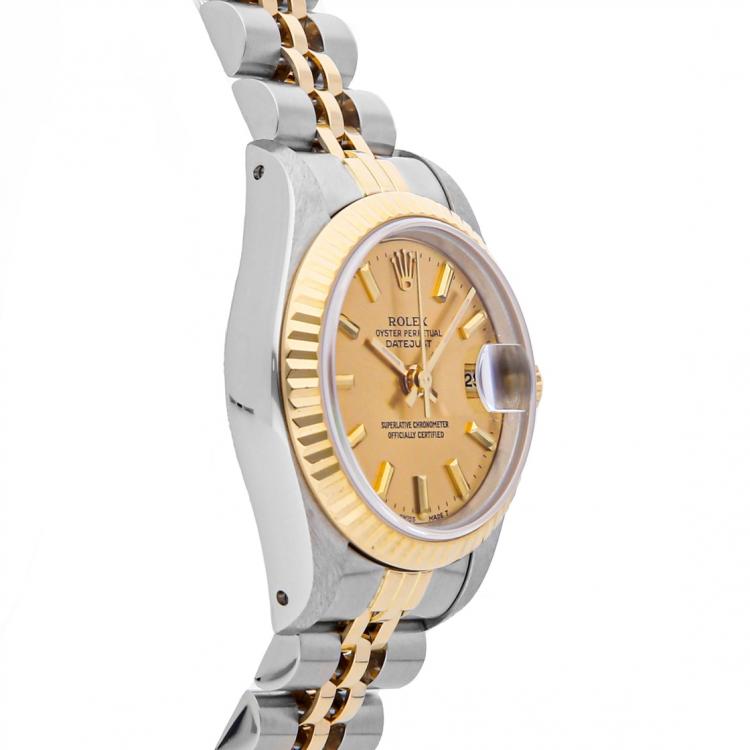 Pre Owned Rolex Champagne 18K Yellow Gold And Stainless Steel Datejust 69173 Women's Wristwatch 26 MM