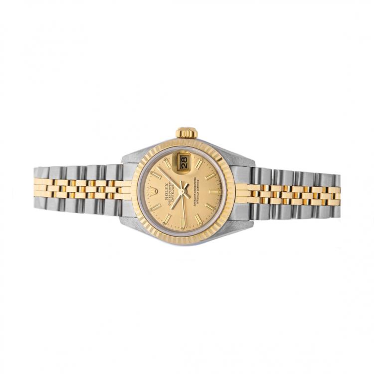 Pre Owned Rolex Champagne 18K Yellow Gold And Stainless Steel Datejust 69173 Women's Wristwatch 26 MM