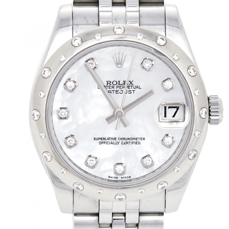 Pre Owned Rolex Mother of Pearl 18K White Gold & Stainless Steel Diamond Datejust 178344 Women's Wristwatch 31 mm