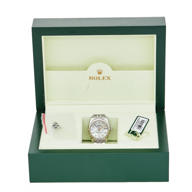 Pre Owned Rolex Mother of Pearl 18K White Gold & Stainless Steel Diamond Datejust 178344 Women's Wristwatch 31 mm