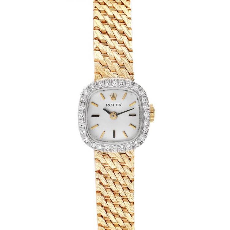 Pre Owned Rolex Silver Diamonds 14k Yellow Gold Vintage Cocktail Women's Wristwatch 17 MM