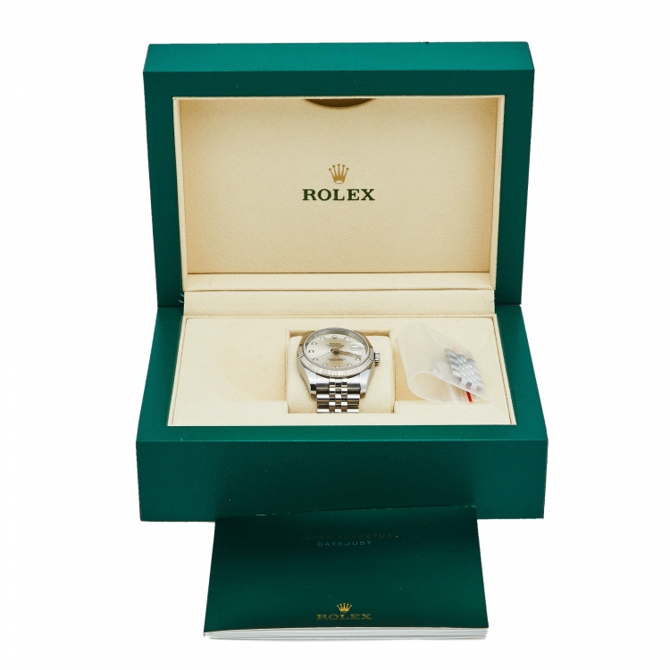 Pre Owned Rolex Silver Diamond 18k White Gold Stainless Steel Datejust 116234 Women's Wristwatch 36 mm