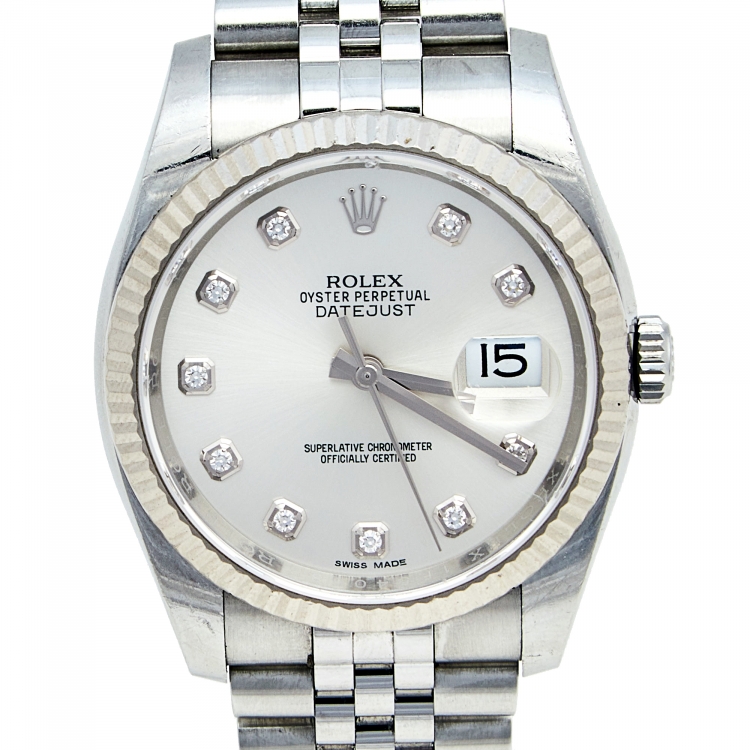 Pre Owned Rolex Silver Diamond 18k White Gold Stainless Steel Datejust 116234 Women's Wristwatch 36 mm