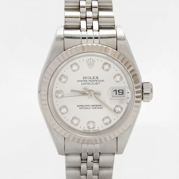 مملوكة مسبقًا Rolex Silver Diamond 18k White Gold Stainless Steel Datejust 79174 Women's Wristwatch 26 mm 