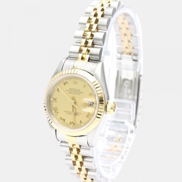 Pre Owned Rolex Champagne 18k Yellow Gold And Stainless Steel Datejust 69173 Automatic Women's Wristwatch 26 mm