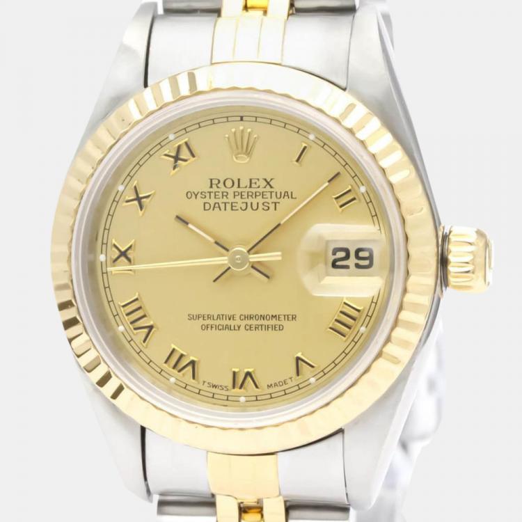 Pre Owned Rolex Champagne 18k Yellow Gold And Stainless Steel Datejust 69173 Automatic Women's Wristwatch 26 mm