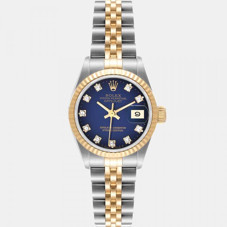 Pre Owned Rolex Blue Diamond 18k Yellow Gold And Stainless Steel Datejust 69173 Automatic Women's Wristwatch 26 mm