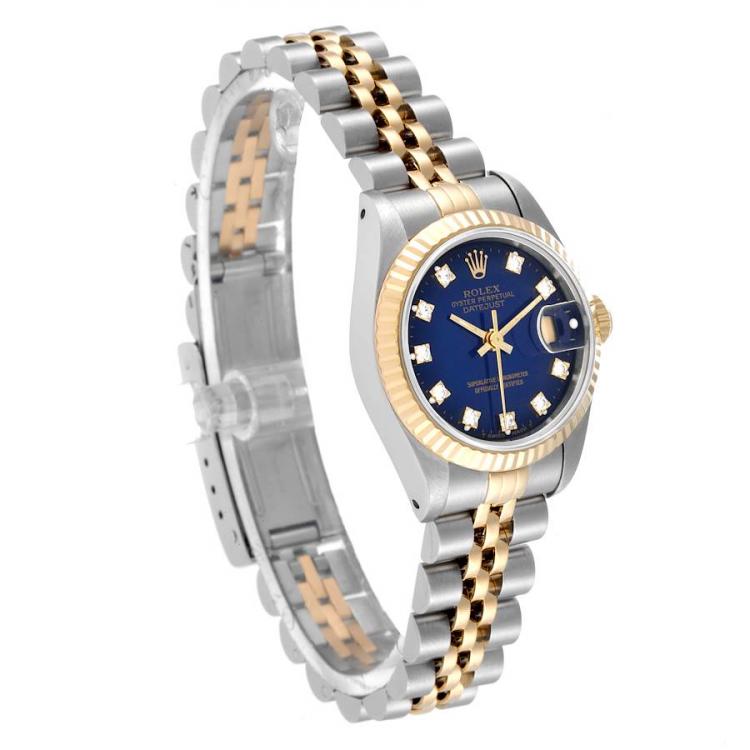 Pre Owned Rolex Blue Diamond 18k Yellow Gold And Stainless Steel Datejust 69173 Automatic Women's Wristwatch 26 mm