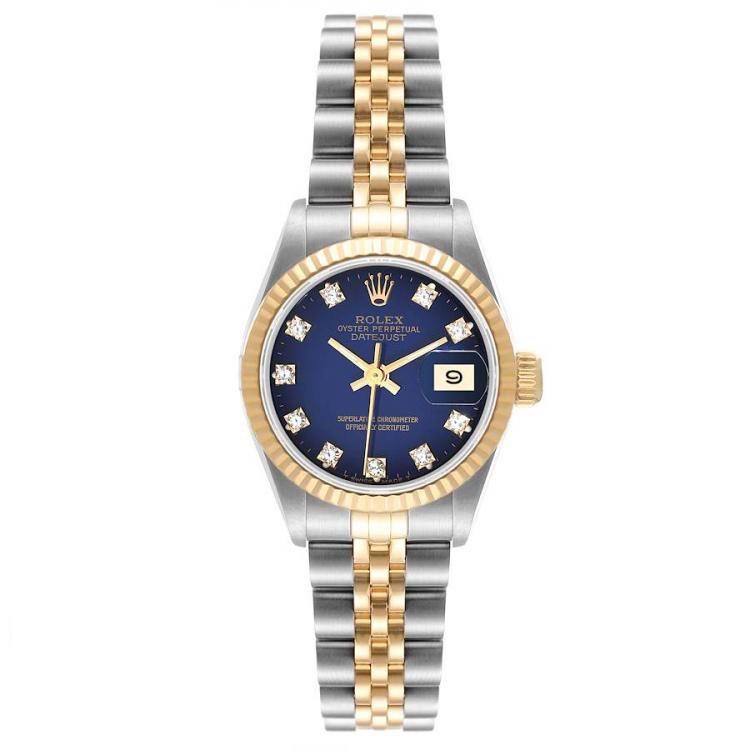 Pre Owned Rolex Blue Diamond 18k Yellow Gold And Stainless Steel Datejust 69173 Automatic Women's Wristwatch 26 mm