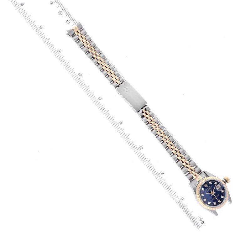 Pre Owned Rolex Blue Diamond 18k Yellow Gold And Stainless Steel Datejust 69173 Automatic Women's Wristwatch 26 mm
