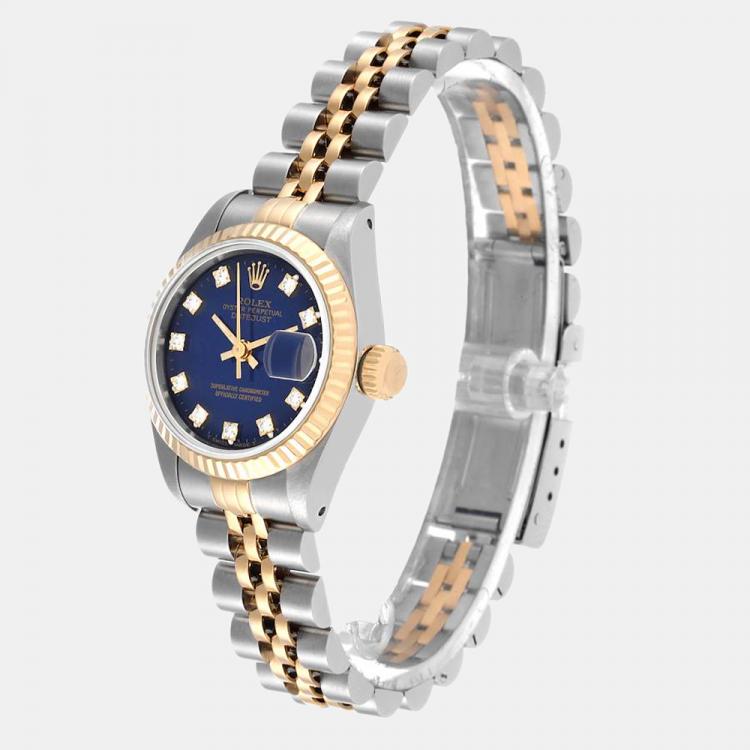 Pre Owned Rolex Blue Diamond 18k Yellow Gold And Stainless Steel Datejust 69173 Automatic Women's Wristwatch 26 mm