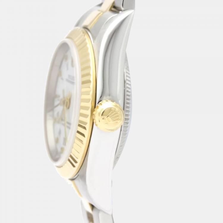 Pre Owned Rolex White 18k Yellow Gold And Stainless Steel Oyster Perpetual 76193 Automatic Women's Wristwatch 24 mm