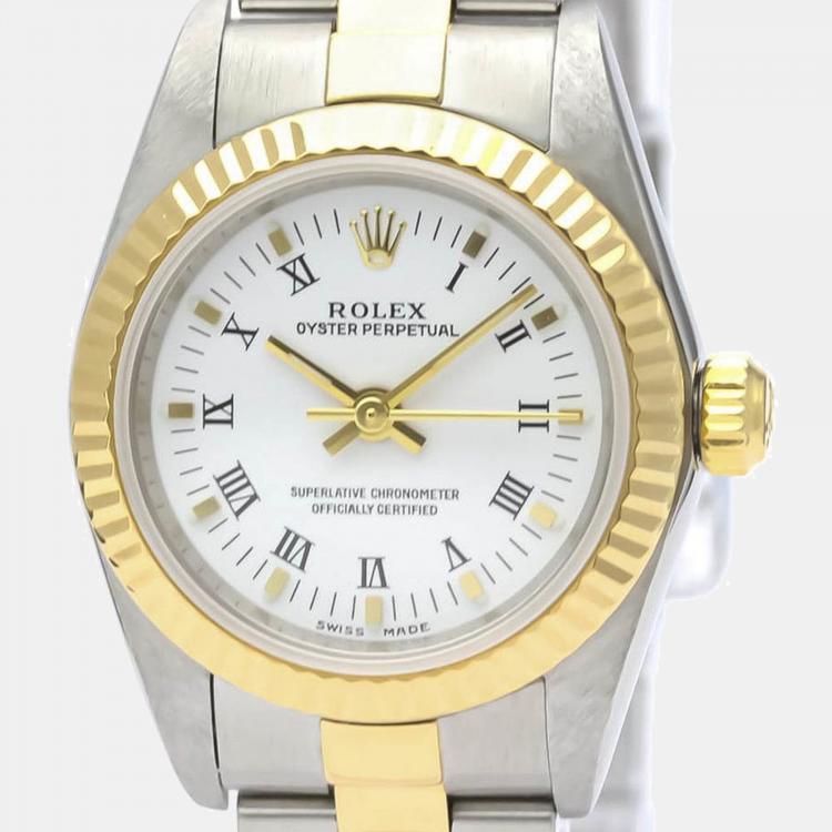 Pre Owned Rolex White 18k Yellow Gold And Stainless Steel Oyster Perpetual 76193 Automatic Women's Wristwatch 24 mm