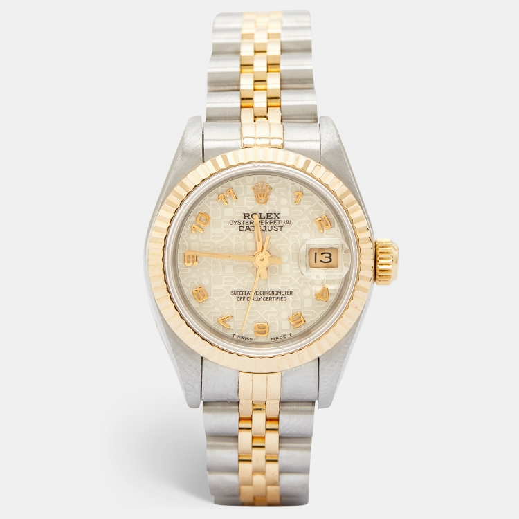 Pre Owned Rolex Ivory 18K Yellow Gold And Stainless Steel Datejust 69173 Automatic Women's Wristwatch 26 mm