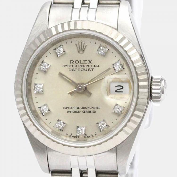 Pre Owned Rolex Silver Diamond 18k White Gold And Stainless Steel Datejust 69174 Automatic Women's Wristwatch 26 mm