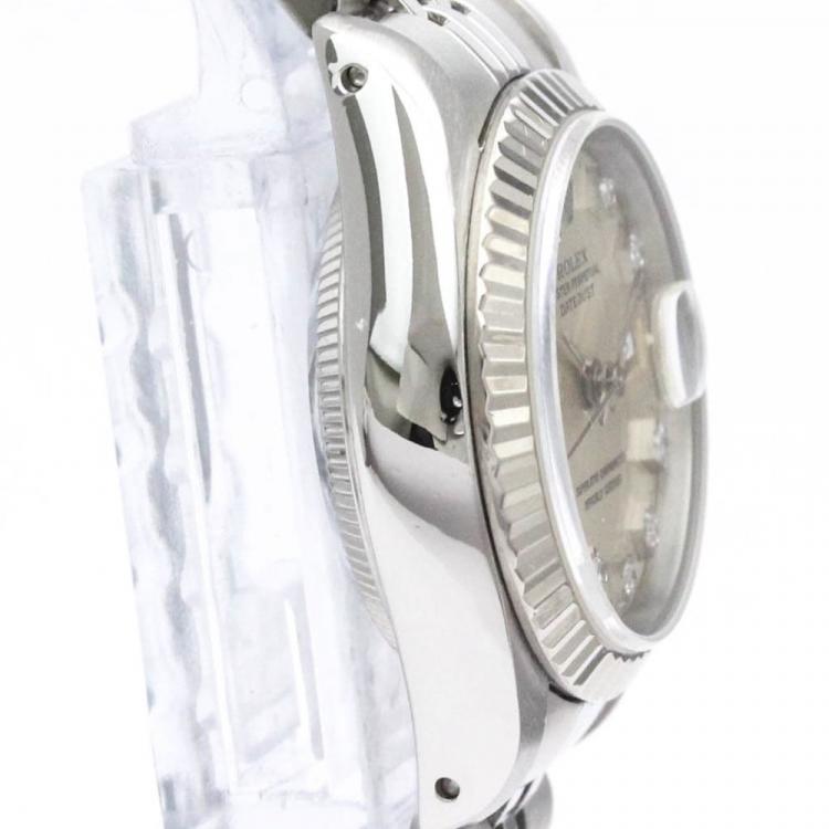Pre Owned Rolex Silver Diamond 18k White Gold And Stainless Steel Datejust 69174 Automatic Women's Wristwatch 26 mm