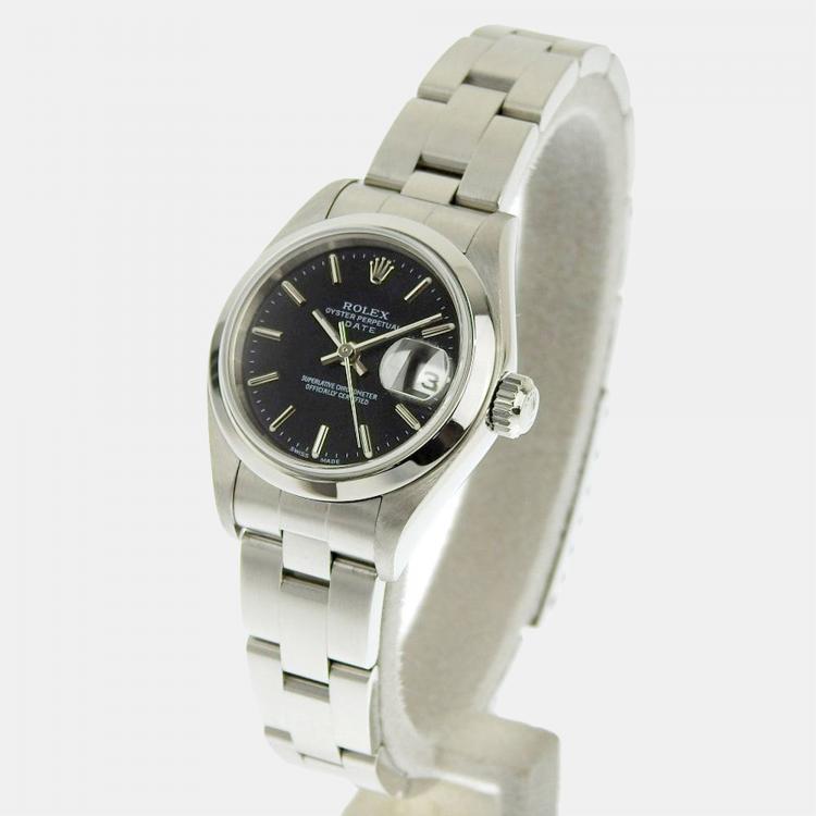 Pre Owned Rolex Black Stainless Steel Oyster Perpetual Date 79160 Women's Wristwatch 26 mm