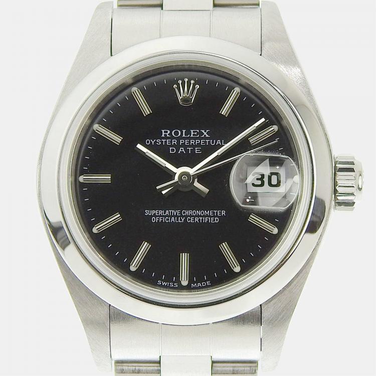 Pre Owned Rolex Black Stainless Steel Oyster Perpetual Date 79160 Women's Wristwatch 26 mm