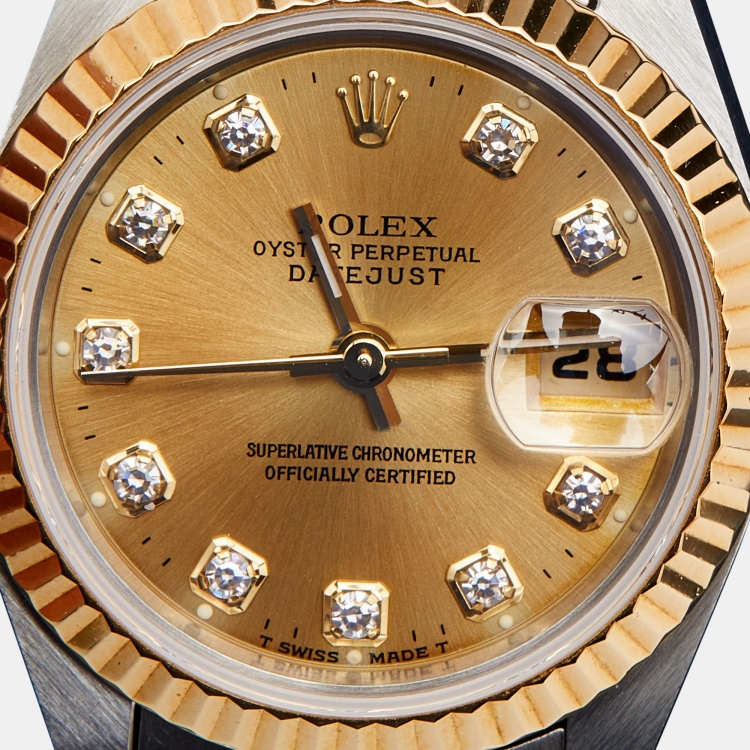 Pre Owned Rolex Champagne Diamond 18k Yellow Gold And Stainless Steel Datejust 69173 Automatic Women's Wristwatch 26 mm