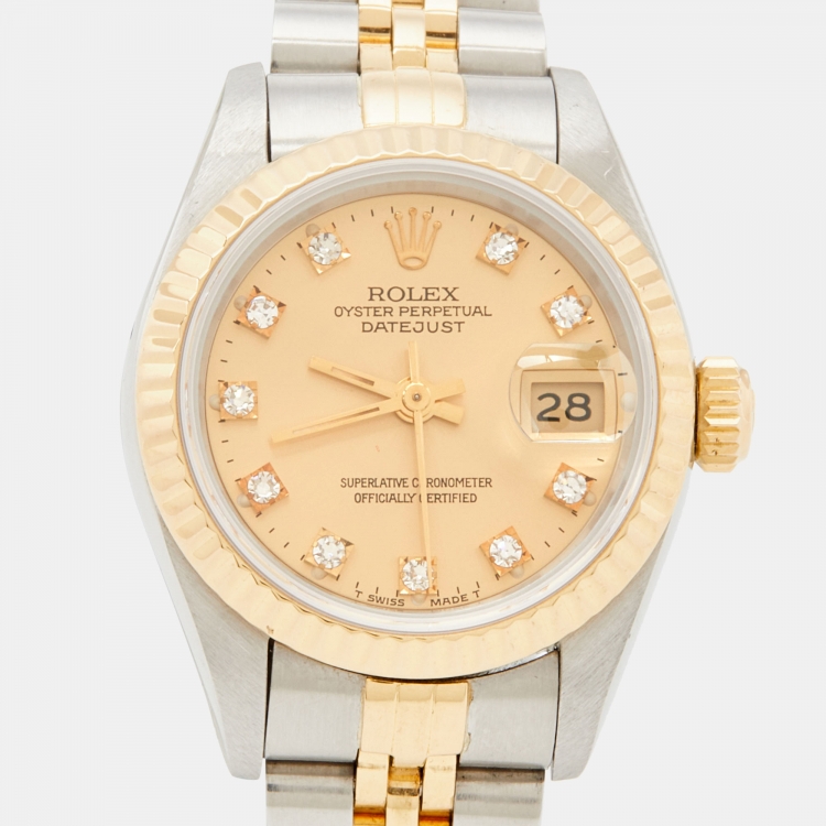 Pre Owned Rolex Champagne Diamond 18k Yellow Gold And Stainless Steel Datejust 69173 Automatic Women's Wristwatch 26 mm