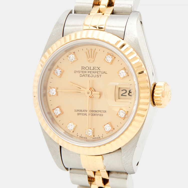 Pre Owned Rolex Champagne Diamond 18k Yellow Gold And Stainless Steel Datejust 69173 Automatic Women's Wristwatch 26 mm