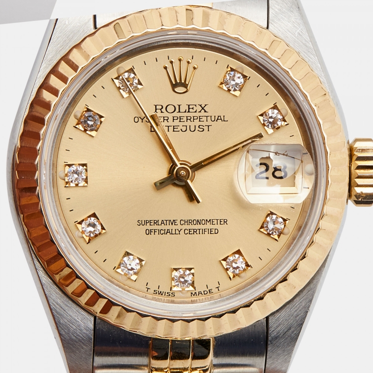 Pre Owned Rolex Champagne Diamond 18k Yellow Gold And Stainless Steel Datejust 69173 Automatic Women's Wristwatch 26 mm